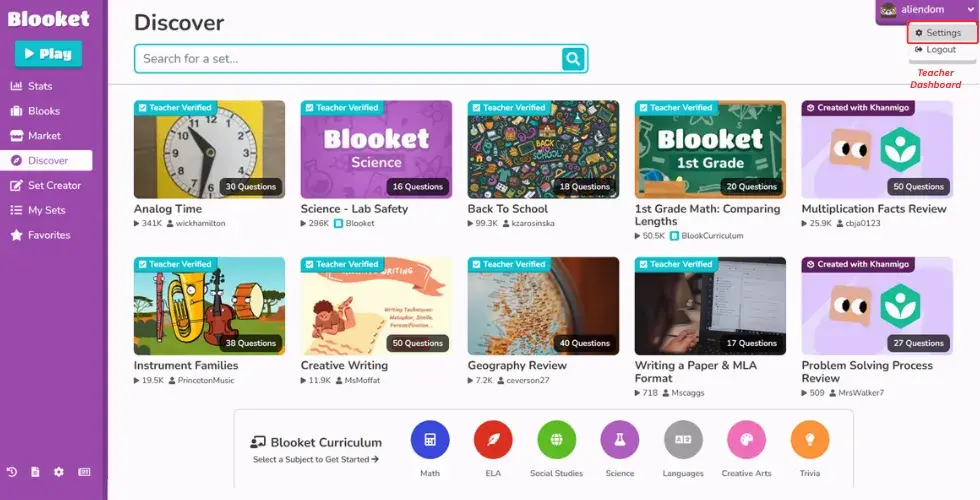 Click on Setting to change Blooket Account type