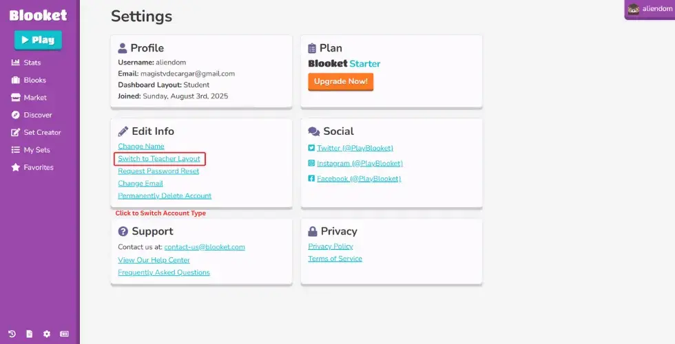 Click to Switch Blooket Account type