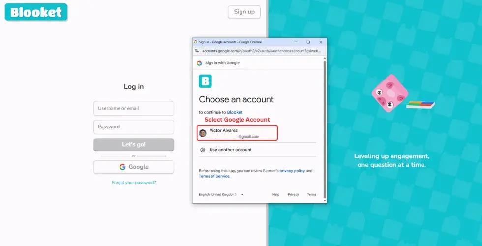 Select Google Account to Login to Blooket