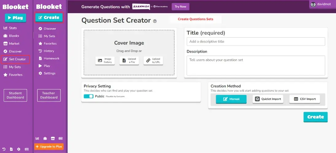 Blooket Dashboard Create Option