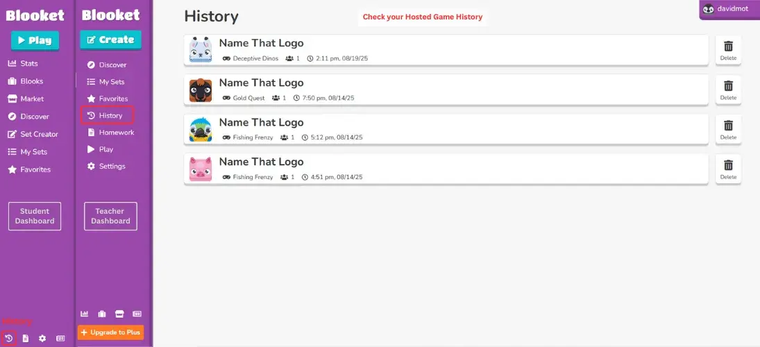 Blooket Histoy Option 