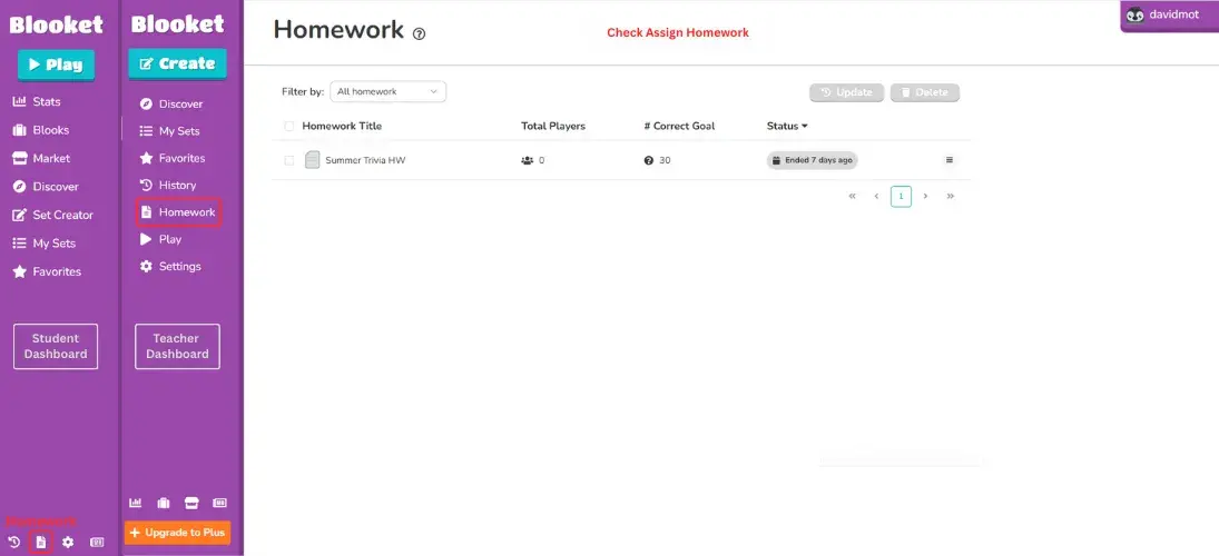 Hoework Option Blooket Dashboard
