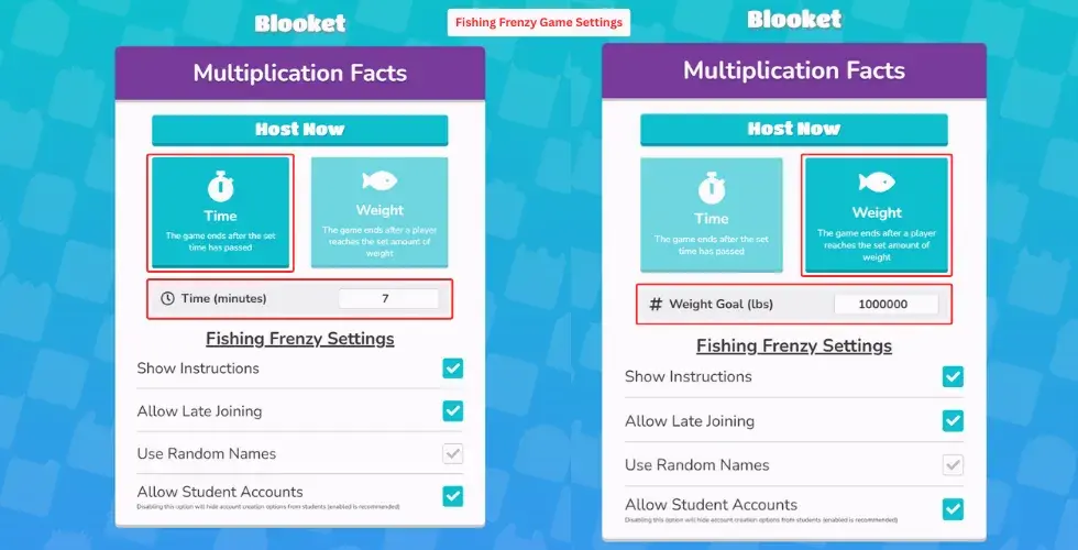 Settings of Fishing Frenzy Blooket Game